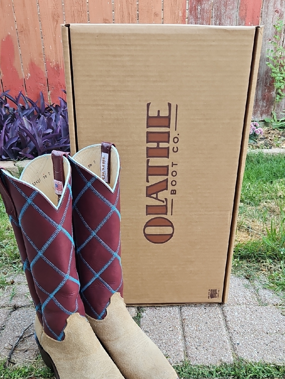 Olathe Boot Co. Burgundy and Light Blue Diamond-stitched Western Boots